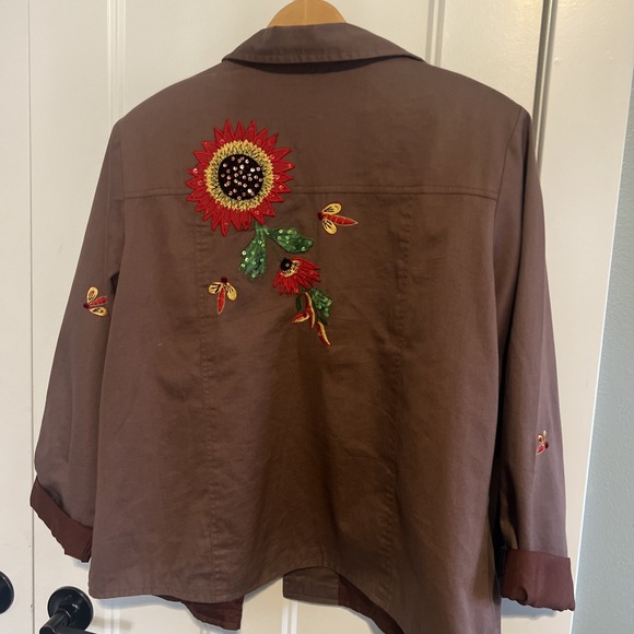 VTG 90s Tapestry Patch Brown Sequin Embroidered Sunflower Shirt Jacket Large - Picture 6 of 8